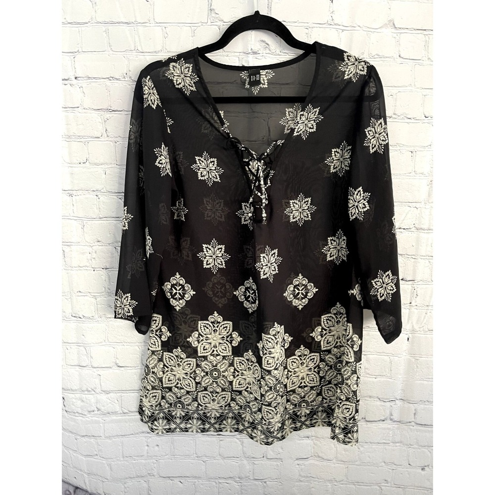 ANA A New Approach Black Sheer Medallion Print Lace Up V-Neck Tunic Top Small